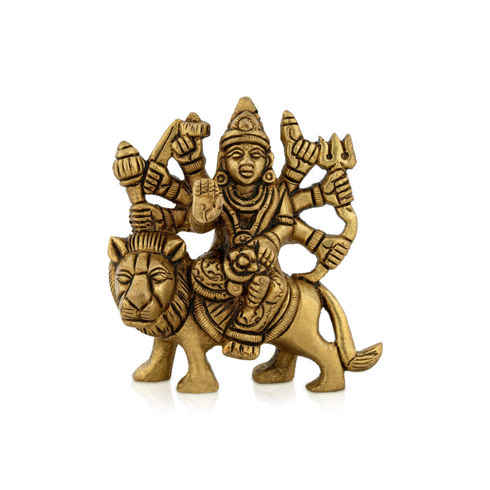 Durga Idol Sitting On Lion With 8 Hands - 3.25 x 3 Inches | Durga Murti/ Antique Brass Idol for Pooja