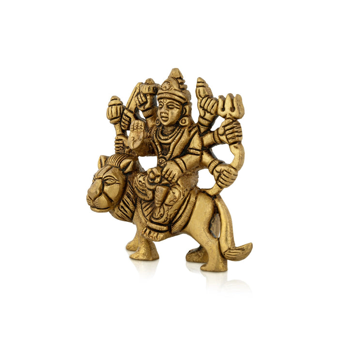 Durga Idol Sitting On Lion With 8 Hands - 3.25 x 3 Inches | Durga Murti/ Antique Brass Idol for Pooja