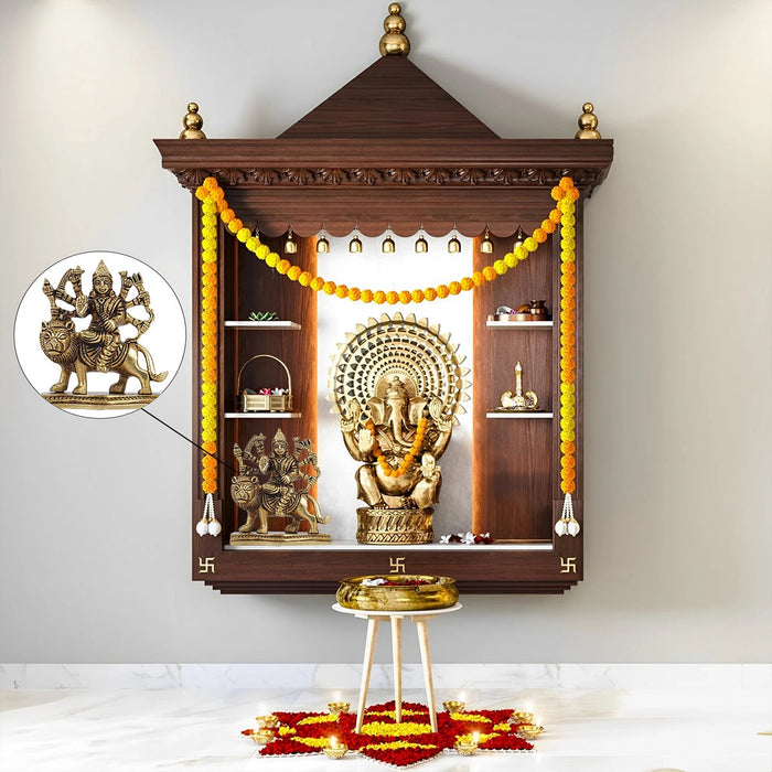 Durga Idol With 8 Hands Sitting On Lion - 3.5 X 3 Inches | Durga Maa Idol/ Antique Brass Idol For Home Pooja