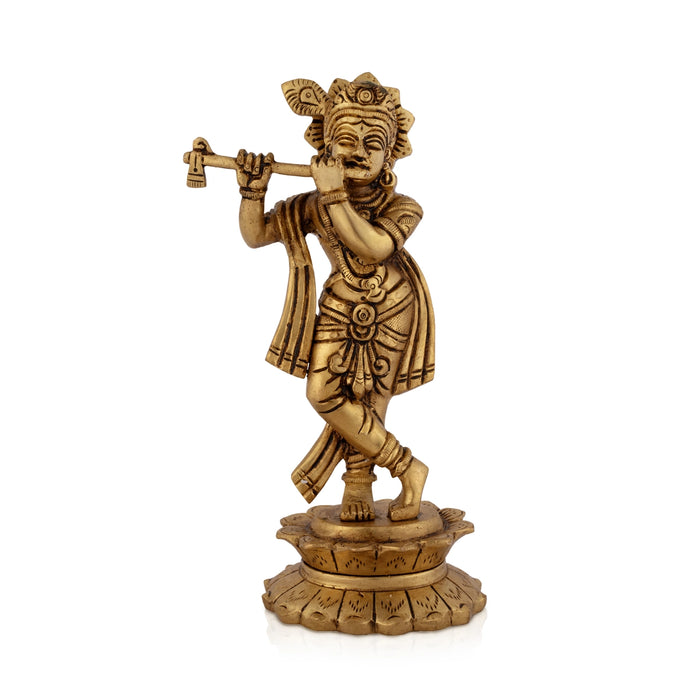 Lord Krishna Standin On Lotus Base Murti - 7.5 x 4.5 Inches | Antique Brass Idol/ Krishnar Statue For Pooja