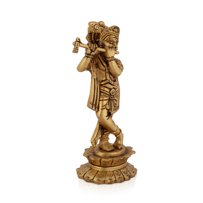 Lord Krishna Standin On Lotus Base Murti - 7.5 x 4.5 Inches | Antique Brass Idol/ Krishnar Statue For Pooja