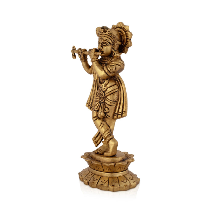 Lord Krishna Standin On Lotus Base Murti - 7.5 x 4.5 Inches | Antique Brass Idol/ Krishnar Statue For Pooja