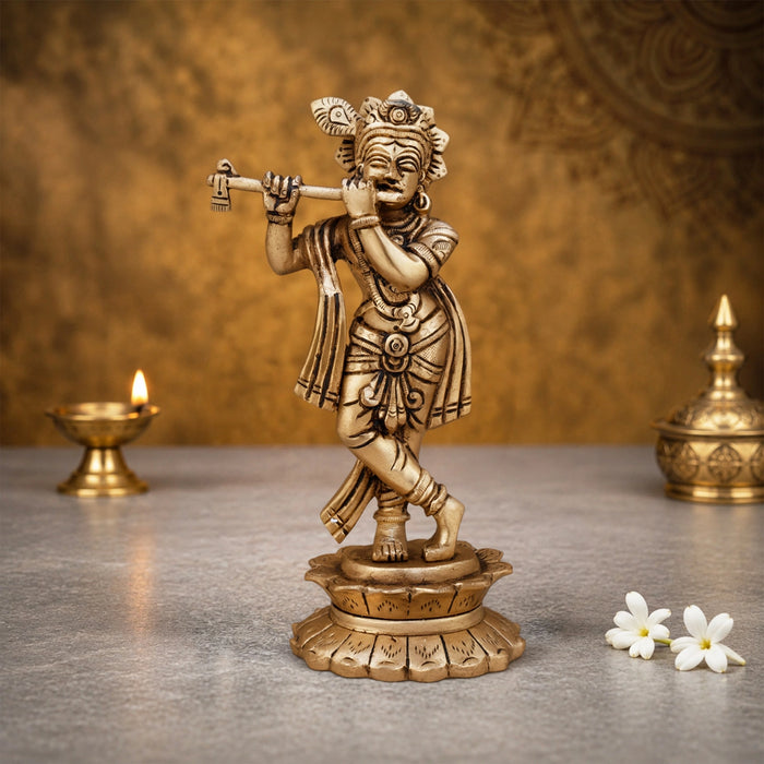 Lord Krishna Standin On Lotus Base Murti - 7.5 x 4.5 Inches | Antique Brass Idol/ Krishnar Statue For Pooja
