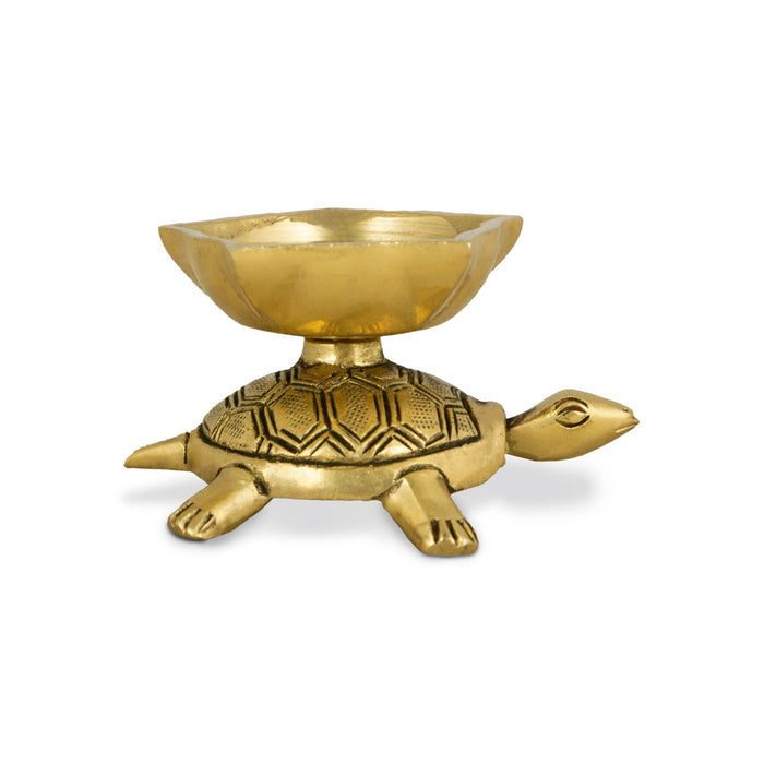 Brass Lamp With Tortoise Design Base - 1.5 x 2.75 Inches | Antique Polish Vilakku/ Brass Pooja Diya for Home