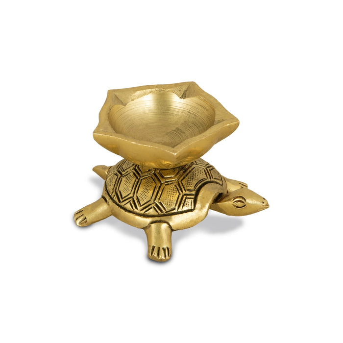 Brass Lamp With Tortoise Design Base - 1.5 x 2.75 Inches | Antique Polish Vilakku/ Brass Pooja Diya for Home