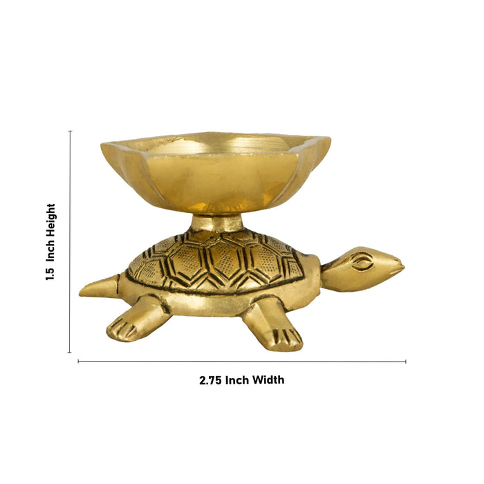 Brass Lamp With Tortoise Design Base - 1.5 x 2.75 Inches | Antique Polish Vilakku/ Brass Pooja Diya for Home