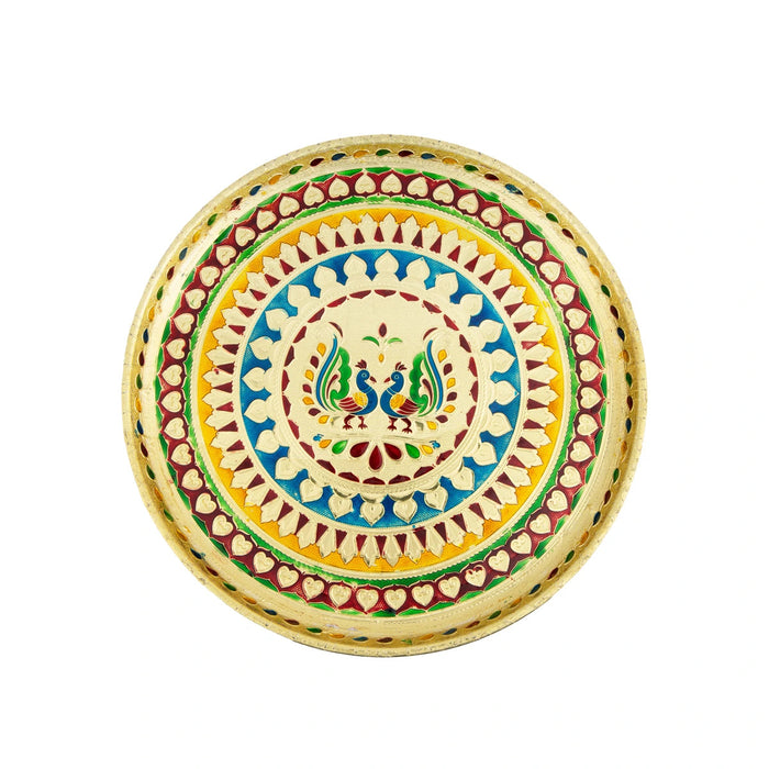 Stainless Steel Plate- 12 Inches | Meenakari Design Pooja Plate/Decorative Thali Plate For Rituals & Offerings