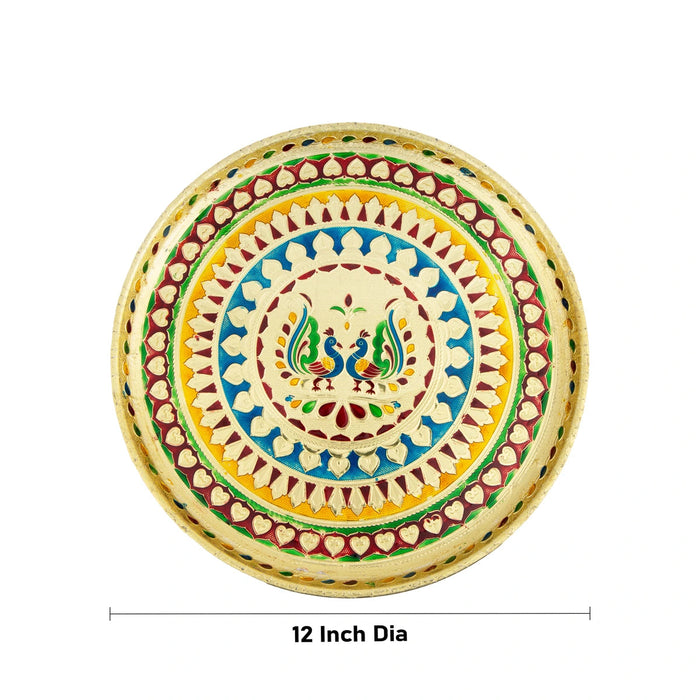 Stainless Steel Plate- 12 Inches | Meenakari Design Pooja Plate/Decorative Thali Plate For Rituals & Offerings