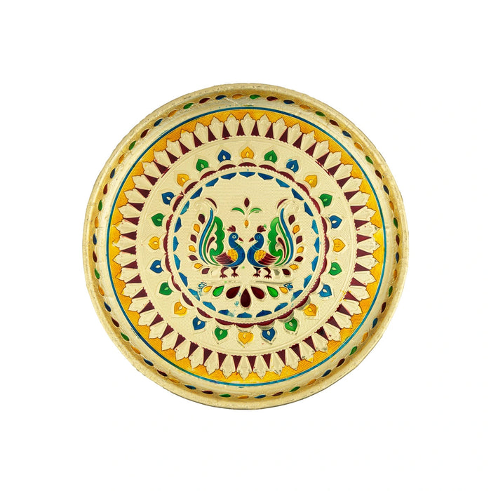 Stainless Steel Plate - 10 Inches | Meenakari Design Ritual Plate/ Pooja Thali/ Decorative Plate For Home