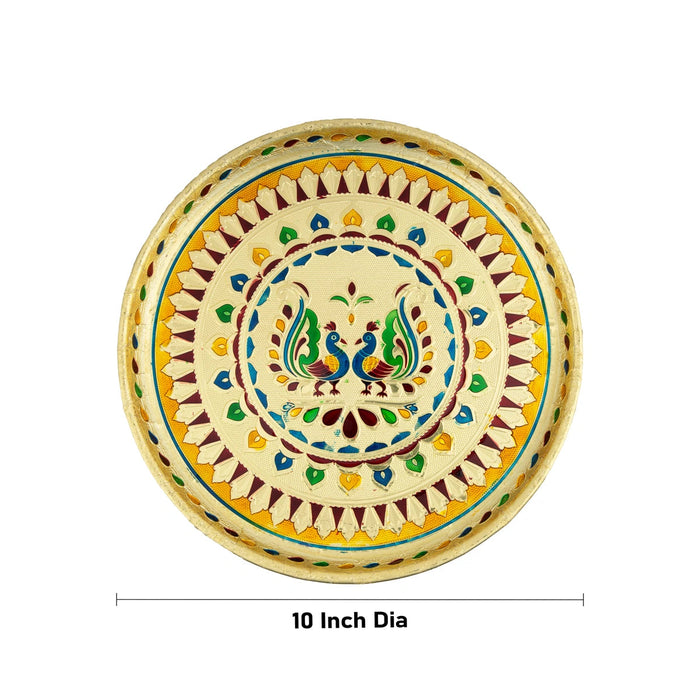 Stainless Steel Plate - 10 Inches | Meenakari Design Ritual Plate/ Pooja Thali/ Decorative Plate For Home