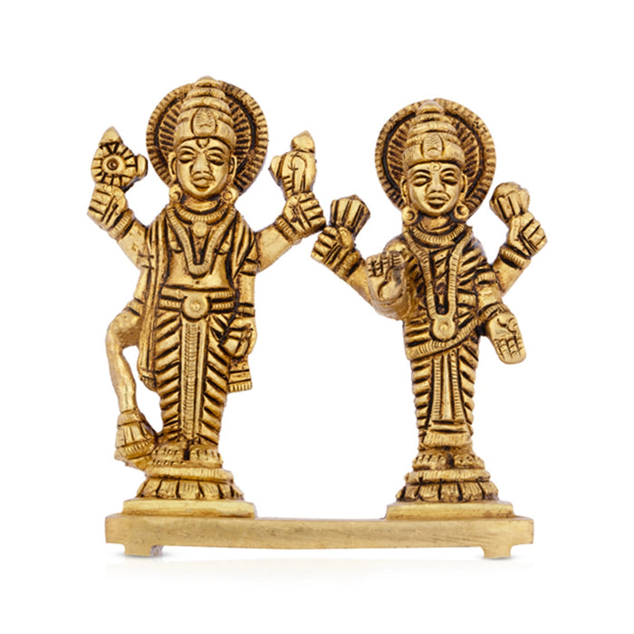 Vishnu Lakshmi Statue Standing On Base - 3 x 2.5 Inches | Antique Brass Idol/ Laxmi Vishnu Statue for Worship