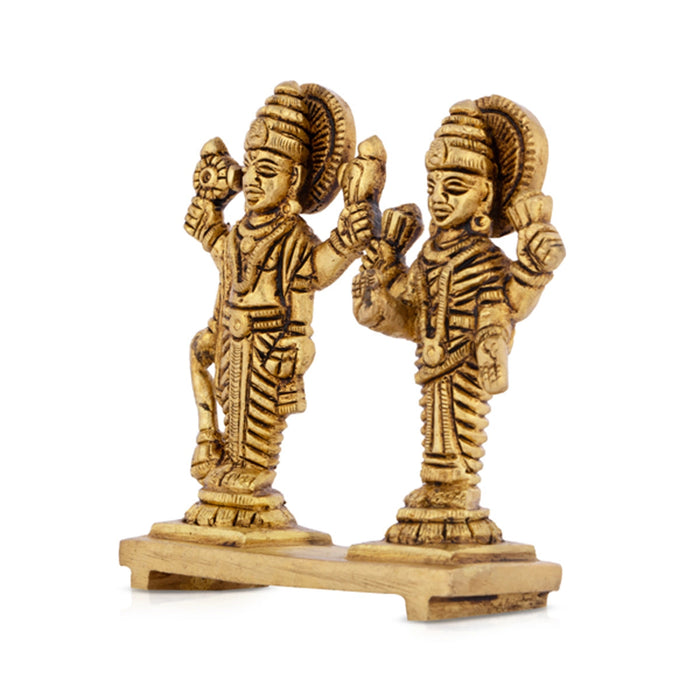 Vishnu Lakshmi Statue Standing On Base - 3 x 2.5 Inches | Antique Brass Idol/ Laxmi Vishnu Statue for Worship