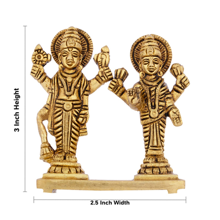 Vishnu Lakshmi Statue Standing On Base - 3 x 2.5 Inches | Antique Brass Idol/ Laxmi Vishnu Statue for Worship