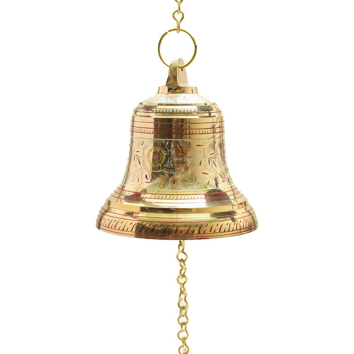 Brass Hanging Bell - 4 X 4.5 Inches | Enamel Mandir Bell/ Hanging Brass Ghanti/ Temple Bell For Pooja