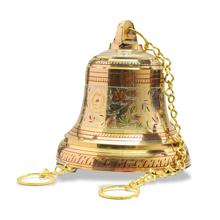 Brass Hanging Bell - 4 X 4.5 Inches | Enamel Mandir Bell/ Hanging Brass Ghanti/ Temple Bell For Pooja