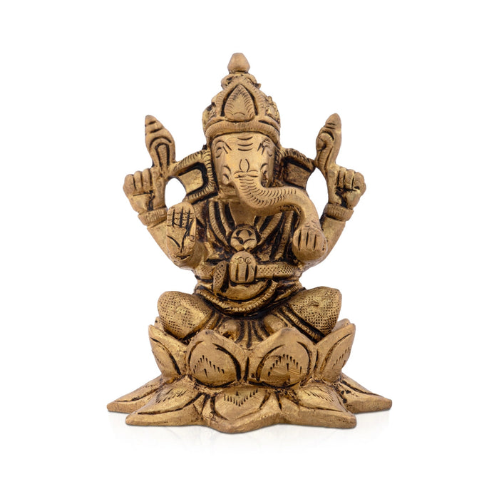 Ganesha Statue Sitting On Flower Base - 3 x 2.5 Inches | Antique Brass Idol/ Ganapathy Idol for Pooja