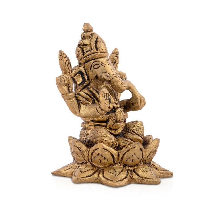 Ganesha Statue Sitting On Flower Base - 3 x 2.5 Inches | Antique Brass Idol/ Ganapathy Idol for Pooja