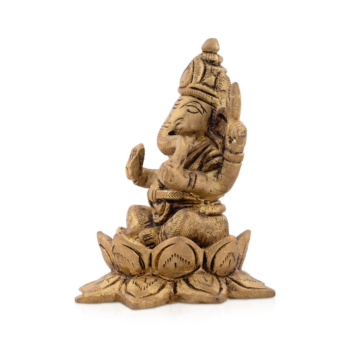 Ganesha Statue Sitting On Flower Base - 3 x 2.5 Inches | Antique Brass Idol/ Ganapathy Idol for Pooja