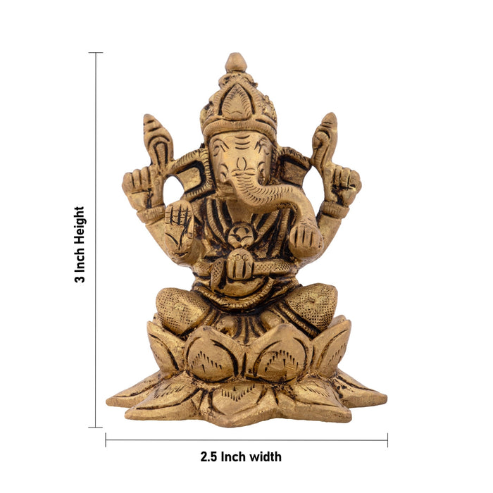 Ganesha Statue Sitting On Flower Base - 3 x 2.5 Inches | Antique Brass Idol/ Ganapathy Idol for Pooja