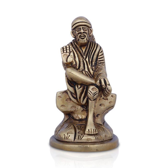 Saibaba Statue Sitting On Base- 2 x 1.5 Inches | Antique Brass Idol/ Sai Baba Vigraham/ Saibaba Idol for Pooja