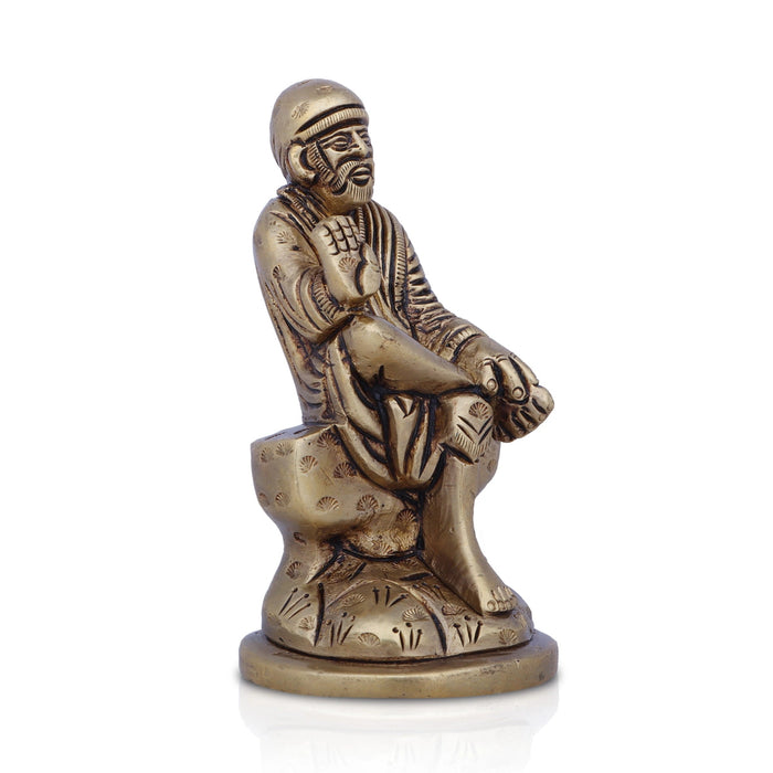 Saibaba Statue Sitting On Base- 2 x 1.5 Inches | Antique Brass Idol/ Sai Baba Vigraham/ Saibaba Idol for Pooja