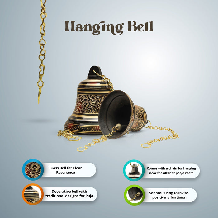 Brass Hanging Bell With Chain - 7.5 Inches | Pooja Bell/ Hanging Bell for Temple