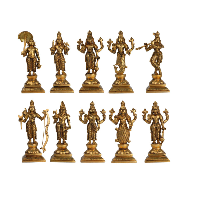 Dasavatharam Idol With Base Set - 9.5 x 4 Inches | Antique Brass Idol/ Ten Avatars Of Vishnu Statue for Worship