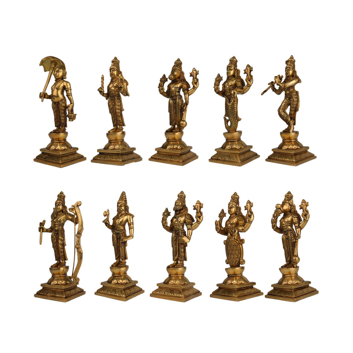 Dasavatharam Idol With Base Set - 9.5 x 4 Inches | Antique Brass Idol/ Ten Avatars Of Vishnu Statue for Worship