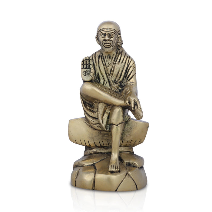 Saibaba Statue Sitting On Base - 7 x 4 Inches | Antique Brass Idol/ Sai Baba Vigraham/ Saibaba Idol for Pooja