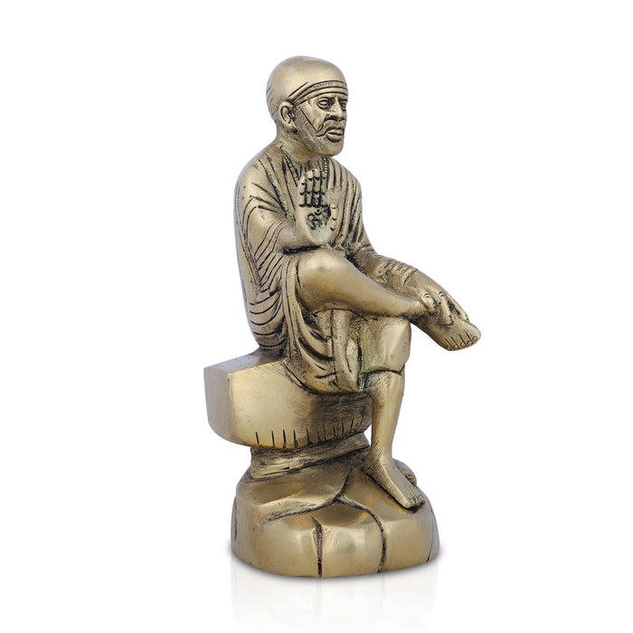 Saibaba Statue Sitting On Base - 7 x 4 Inches | Antique Brass Idol/ Sai Baba Vigraham/ Saibaba Idol for Pooja