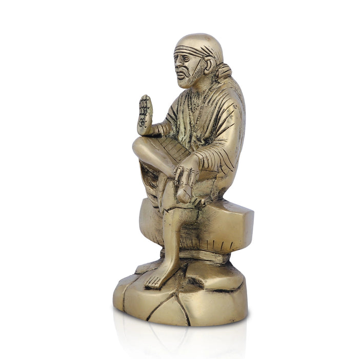 Saibaba Statue Sitting On Base - 7 x 4 Inches | Antique Brass Idol/ Sai Baba Vigraham/ Saibaba Idol for Pooja
