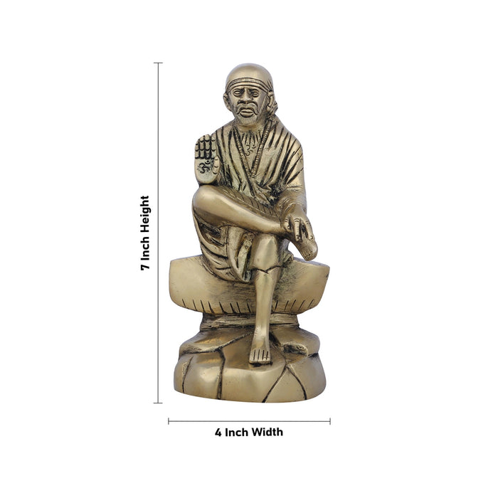 Saibaba Statue Sitting On Base - 7 x 4 Inches | Antique Brass Idol/ Sai Baba Vigraham/ Saibaba Idol for Pooja