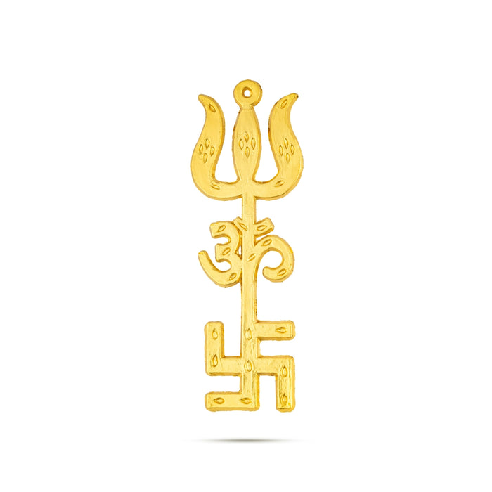 Om Swastik Design Trishul - 4 x 1.25 Inches | Om Swastik Design Soolam/ Metal Astras for Deity