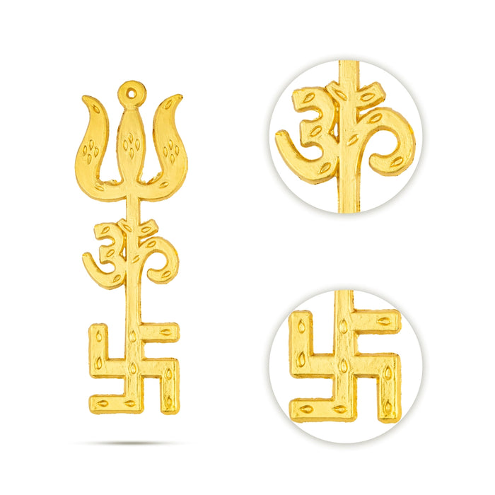 Om Swastik Design Trishul - 4 x 1.25 Inches | Om Swastik Design Soolam/ Metal Astras for Deity