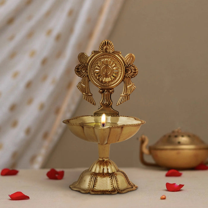 Chakra Design Brass Lamp With Base - 4.5 x 2.5 Inches | Brass Pooja Diya/ Brass Deepam for Home