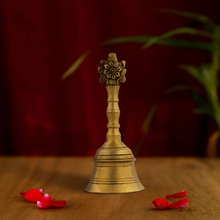 Hand Bell - 6.25 x 1.25 Inches | Shankh Chakra Handle Brass Bell/ Ghanti/ Pooja Bell for Home