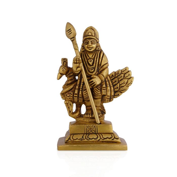 Peacock Murugan Standing On Base Murti - 3.75 x 2 Inches | Antique Brass Idol/ Subramaniyan Statue For Pooja