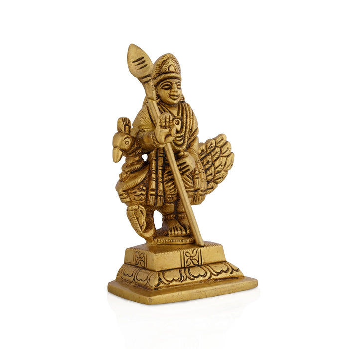 Peacock Murugan Standing On Base Murti - 3.75 x 2 Inches | Antique Brass Idol/ Subramaniyan Statue For Pooja