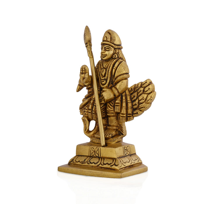 Peacock Murugan Standing On Base Murti - 3.75 x 2 Inches | Antique Brass Idol/ Subramaniyan Statue For Pooja