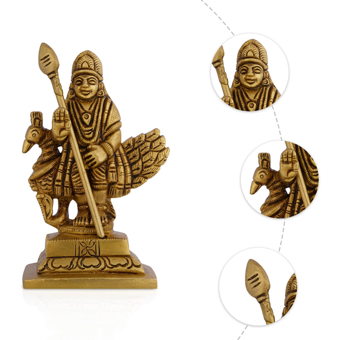 Peacock Murugan Standing On Base Murti - 3.75 x 2 Inches | Antique Brass Idol/ Subramaniyan Statue For Pooja