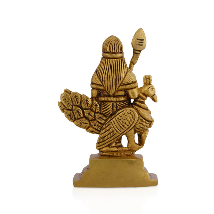 Peacock Murugan Standing On Base Murti - 3.75 x 2 Inches | Antique Brass Idol/ Subramaniyan Statue For Pooja