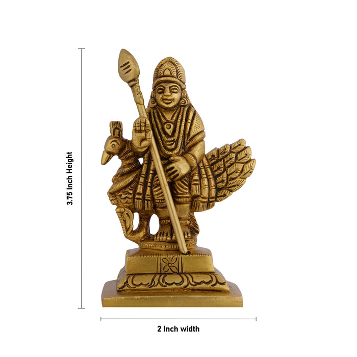 Peacock Murugan Standing On Base Murti - 3.75 x 2 Inches | Antique Brass Idol/ Subramaniyan Statue For Pooja