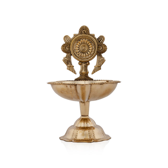 Chakra Design Brass Lamp With Base - 3.5 x 2 Inches | Brass Pooja Diya/ Brass Deepam for Home