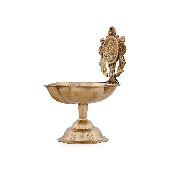 Chakra Design Brass Lamp With Base - 3.5 x 2 Inches | Brass Pooja Diya/ Brass Deepam for Home