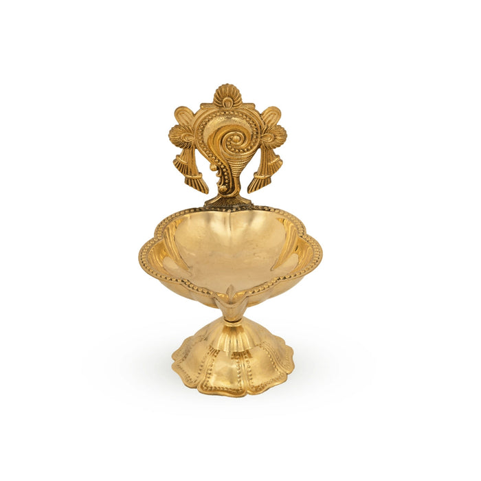 Brass Lamp With Base - 4.5 X 3 Inches | Shankh Design Brass Deepam/ Vilakku/ Diya For Pooja