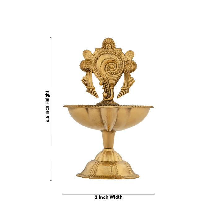 Brass Lamp With Base - 4.5 X 3 Inches | Shankh Design Brass Deepam/ Vilakku/ Diya For Pooja