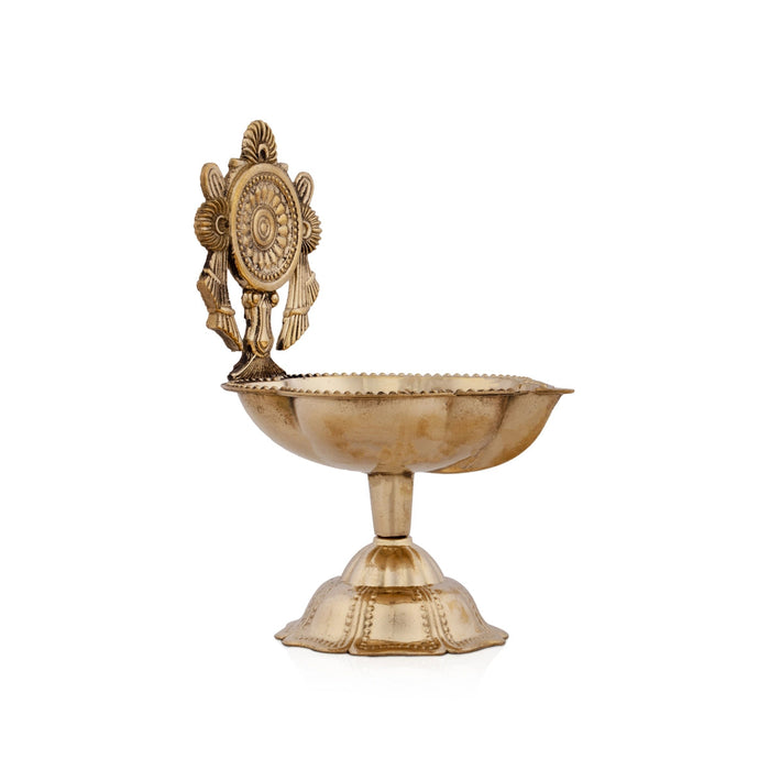 Chakra Design Brass Lamp With Base - 4.5 x 3 Inches | Brass Pooja Diya/ Brass Deepam for Home