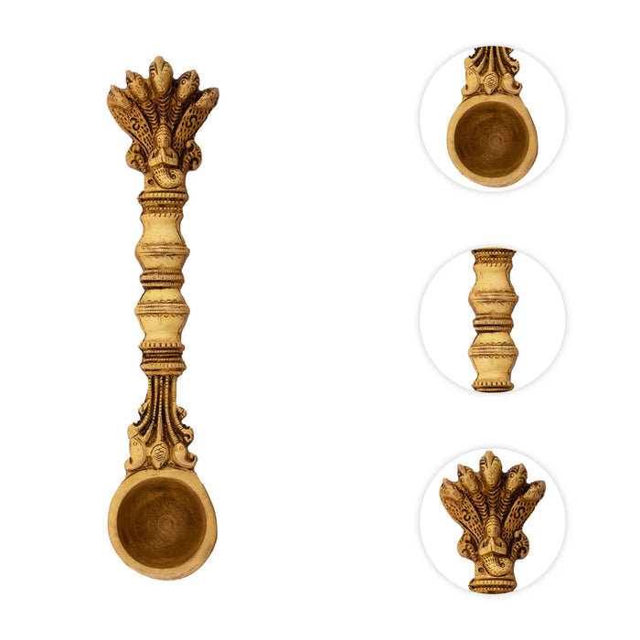 Brass Achmani - 8 Inches | Antique Brass Uddharani/ Sheshnag Handle Pali Spoon for Puja/ 195 Gms Approx