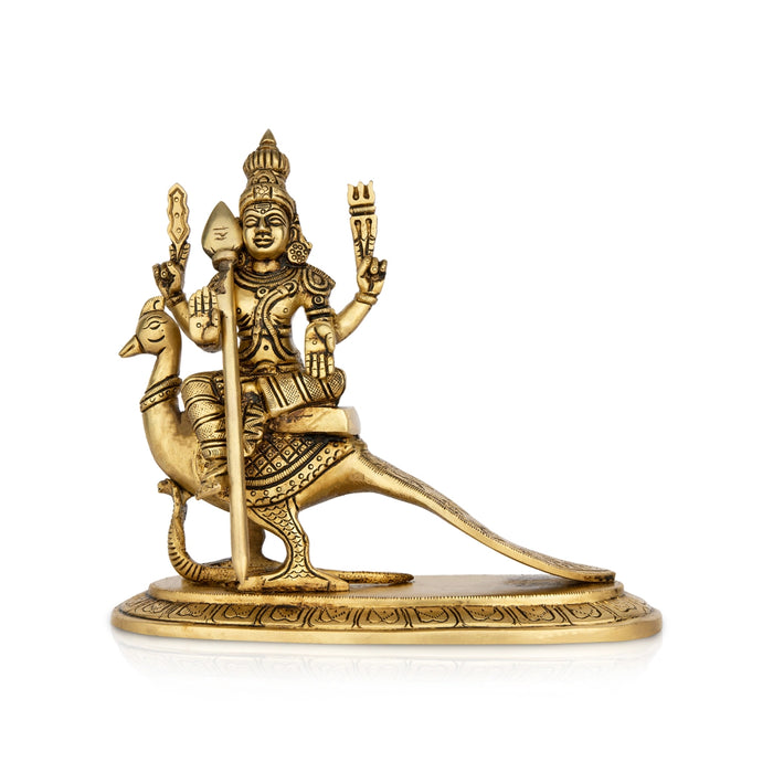 Murugan Statue Sitting On Peacock - 10 x 5 Inches | Antique Brass Idol/ Kartikeya Statue With Base for Pooja