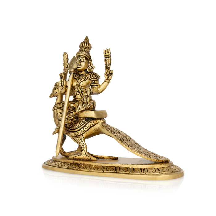 Murugan Statue Sitting On Peacock - 10 x 5 Inches | Antique Brass Idol/ Kartikeya Statue With Base for Pooja